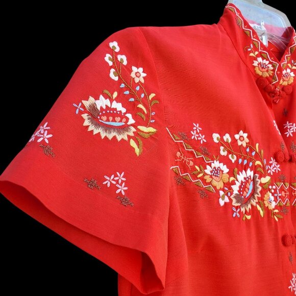 Vintage Boho Embroidered Shirt S Chinese Red Blouse Short Sleeve 60s 70s - Picture 2 of 13